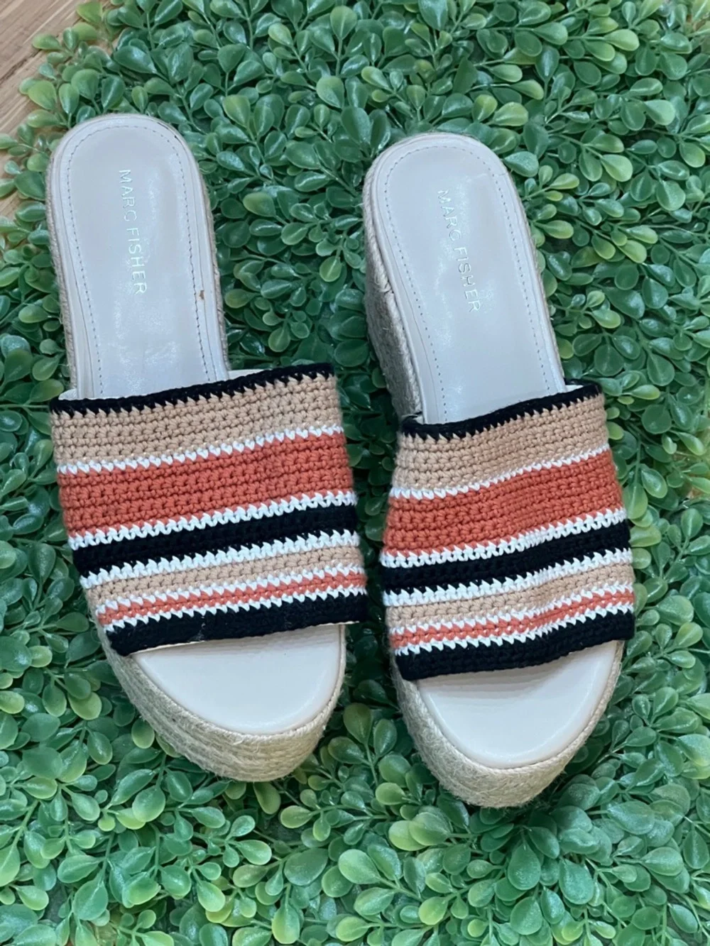 Marc Fisher Striped Woven Platform Slide Sandals - Tan/Black/White/Rust